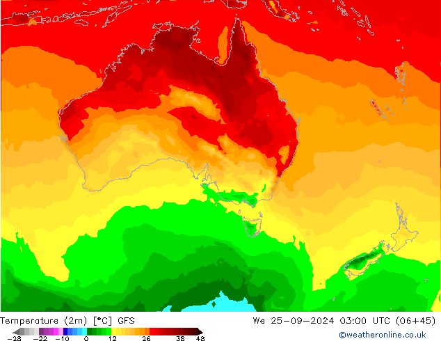 Temperaturkarte (2m) GFS Mi 25.09.2024 03 UTC