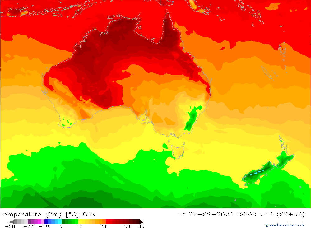 Temperatuurkaart (2m) GFS vr 27.09.2024 06 UTC