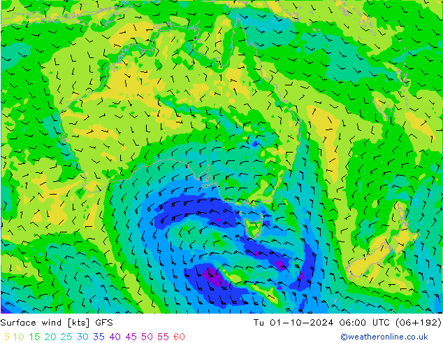 Wind 10 m GFS di 01.10.2024 06 UTC