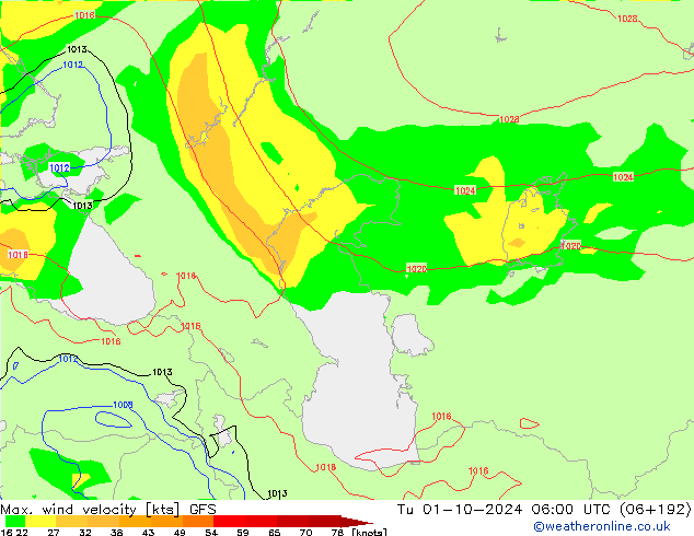 Max. wind velocity GFS Út 01.10.2024 06 UTC