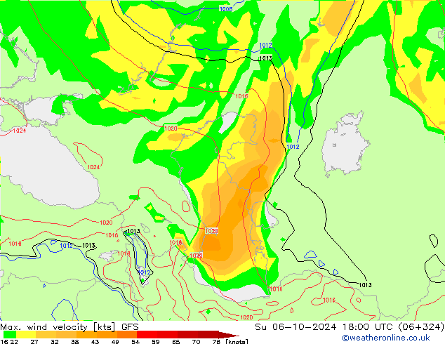 Max. wind velocity GFS nie. 06.10.2024 18 UTC