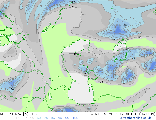 RH 300 hPa GFS wto. 01.10.2024 12 UTC