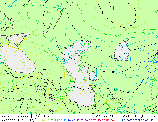 Izotacha (km/godz) GFS pt. 27.09.2024 12 UTC