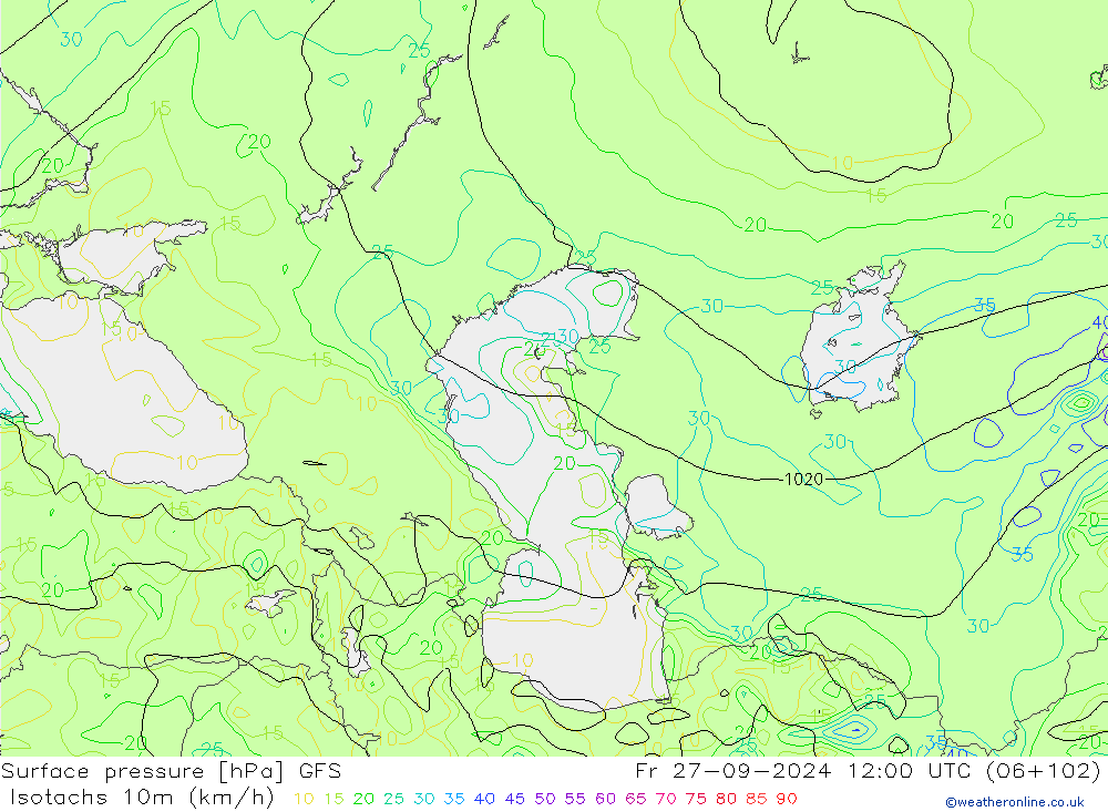 Isotachs (kph) GFS пт 27.09.2024 12 UTC