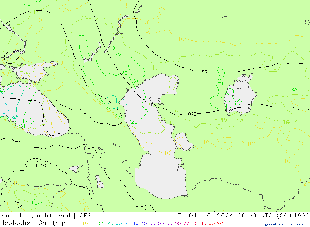 Isotachs (mph) GFS mar 01.10.2024 06 UTC