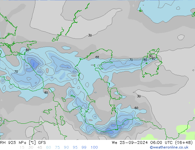 RH 925 гПа GFS ср 25.09.2024 06 UTC