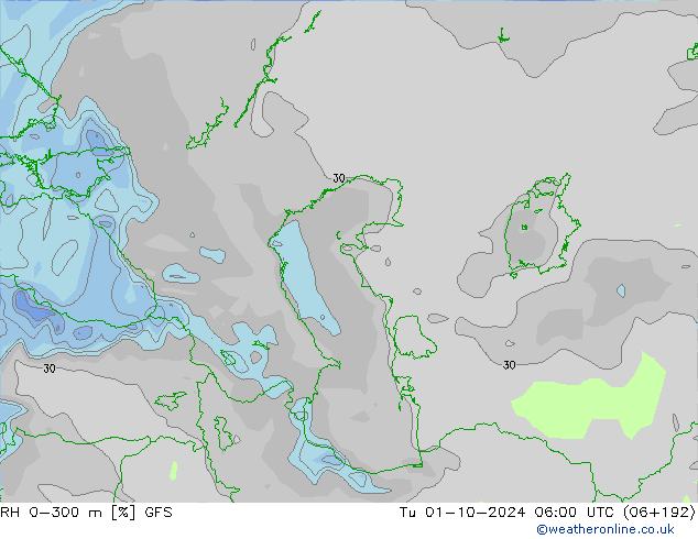 RH 0-300 m GFS Tu 01.10.2024 06 UTC