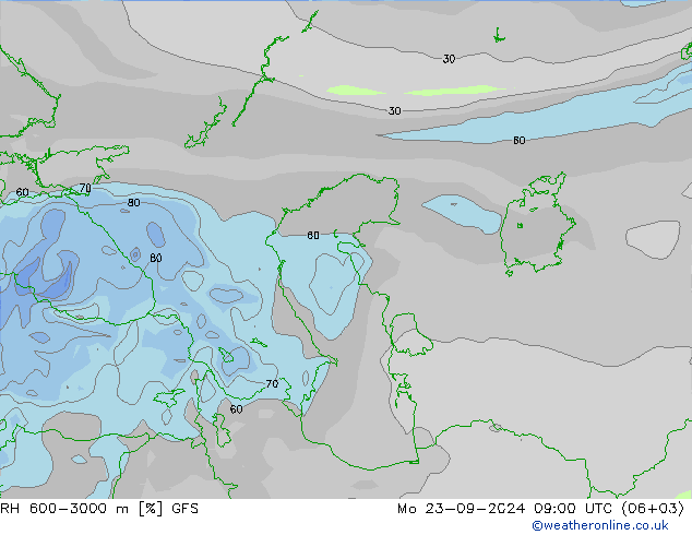 RH 600-3000 m GFS Mo 23.09.2024 09 UTC