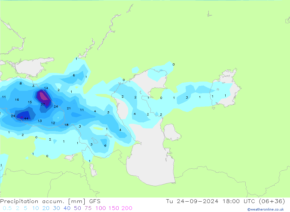 Precipitation accum. GFS Tu 24.09.2024 18 UTC