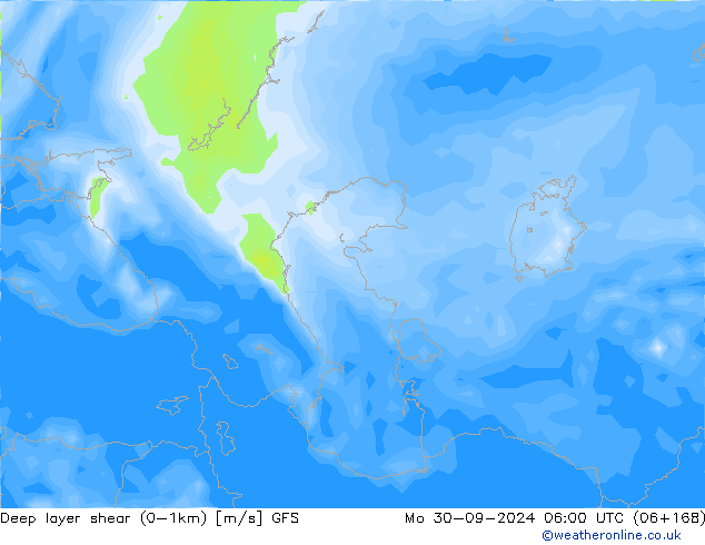 Deep layer shear (0-1km) GFS pon. 30.09.2024 06 UTC