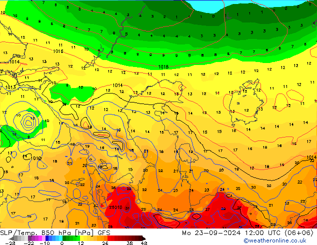 850 hPa Yer Bas./Sıc GFS Pzt 23.09.2024 12 UTC