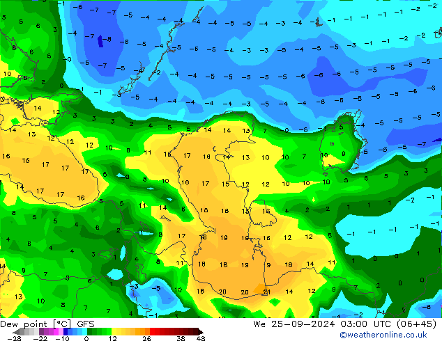 Punto di rugiada GFS mer 25.09.2024 03 UTC