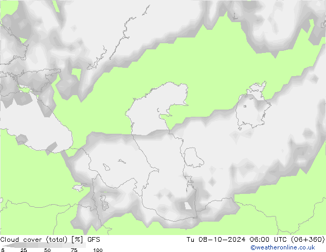 Cloud cover (total) GFS Tu 08.10.2024 06 UTC