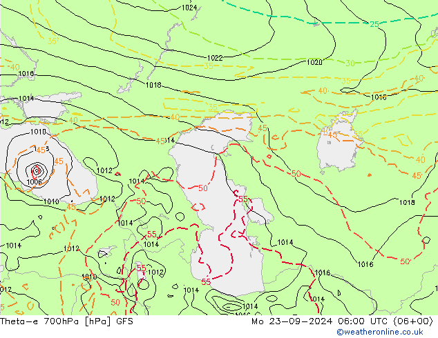 Theta-e 700hPa GFS lun 23.09.2024 06 UTC