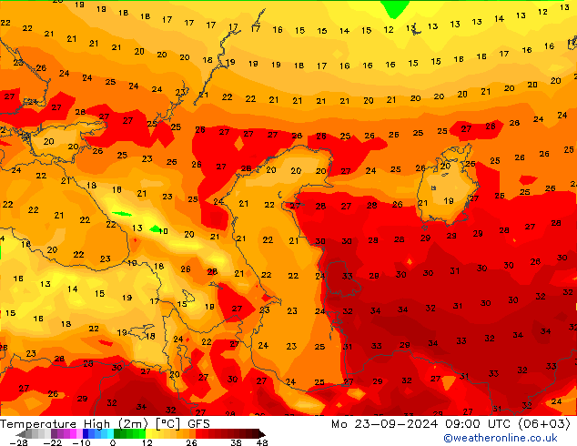 Nejvyšší teplota (2m) GFS Po 23.09.2024 09 UTC