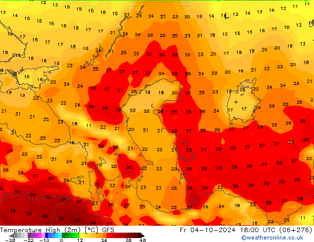 Max.temperatuur (2m) GFS vr 04.10.2024 18 UTC