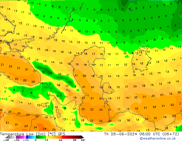 Temperature Low (2m) GFS Th 26.09.2024 06 UTC