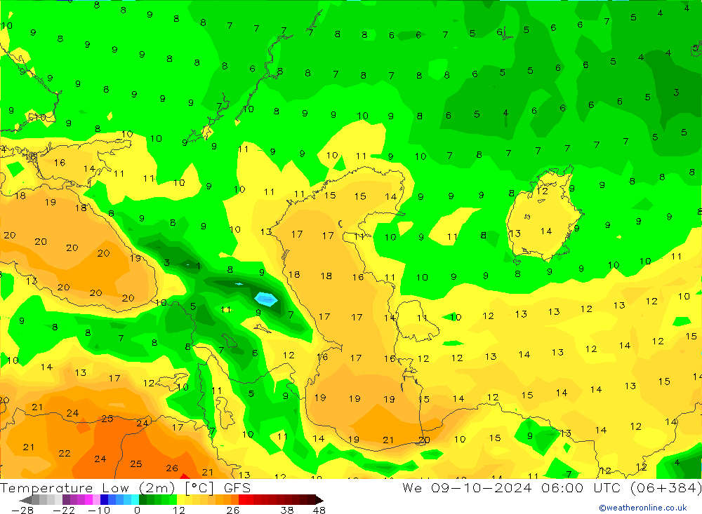 Temp. minima (2m) GFS mer 09.10.2024 06 UTC