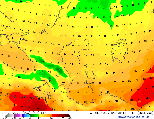 Temperatuurkaart (2m) GFS di 08.10.2024 06 UTC