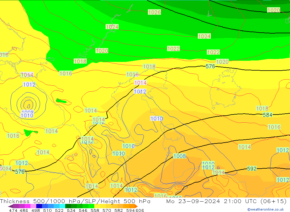 Espesor 500-1000 hPa GFS lun 23.09.2024 21 UTC