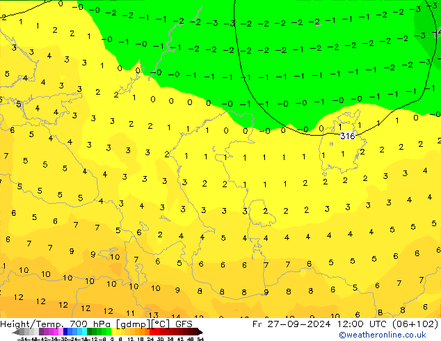 Height/Temp. 700 hPa GFS ven 27.09.2024 12 UTC