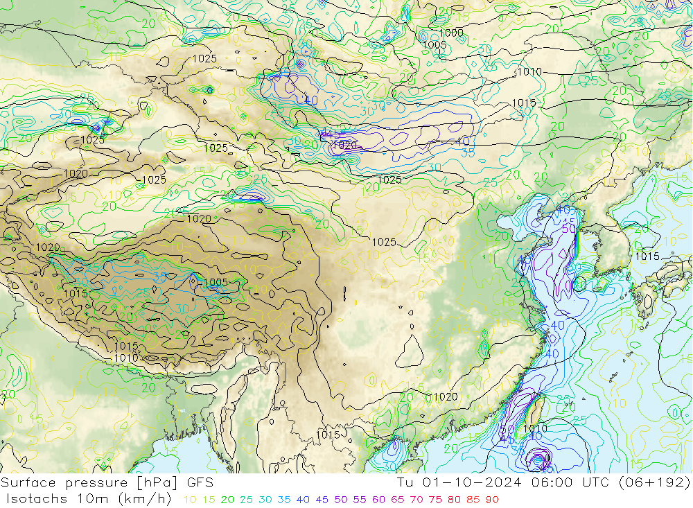 Isotaca (kph) GFS mar 01.10.2024 06 UTC