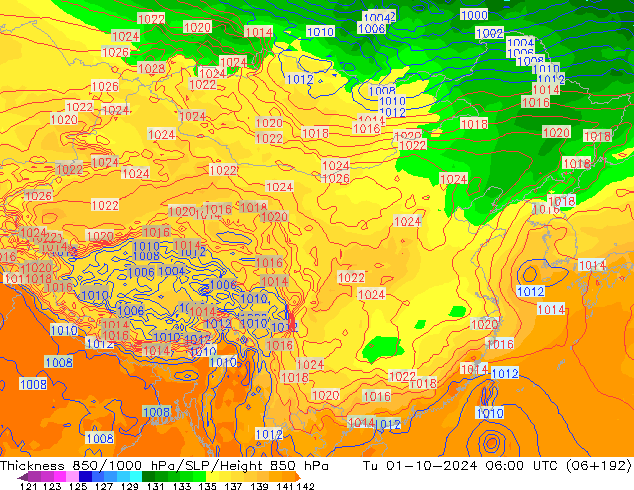 Thck 850-1000 hPa GFS Tu 01.10.2024 06 UTC