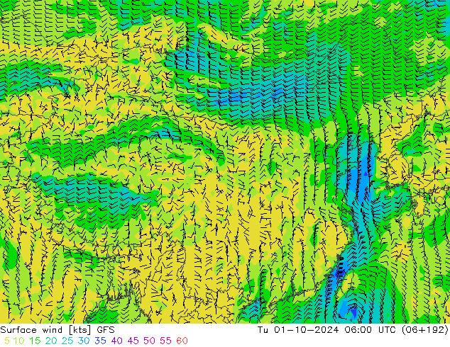 Surface wind GFS Út 01.10.2024 06 UTC