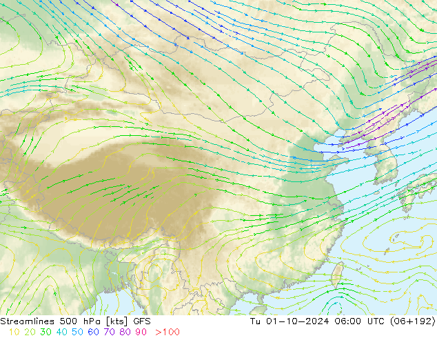 Streamlines 500 hPa GFS Tu 01.10.2024 06 UTC