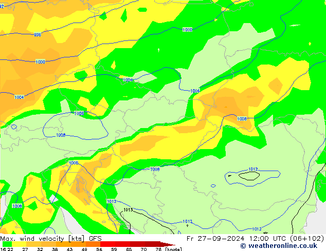 Max. wind velocity GFS пт 27.09.2024 12 UTC