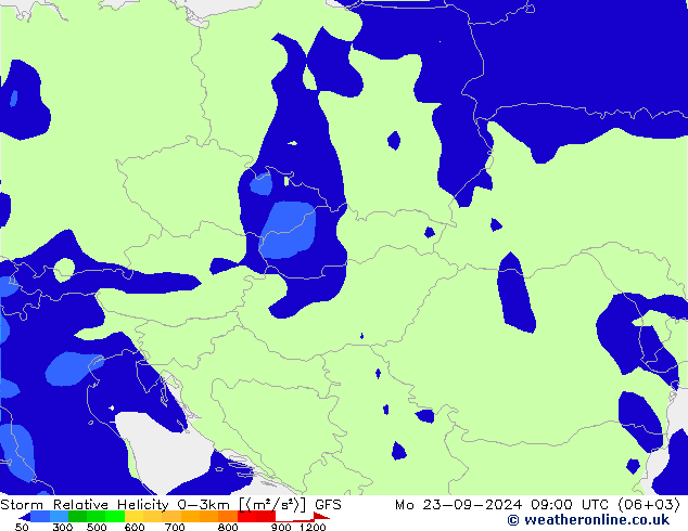 Storm Relative Helicity GFS пн 23.09.2024 09 UTC