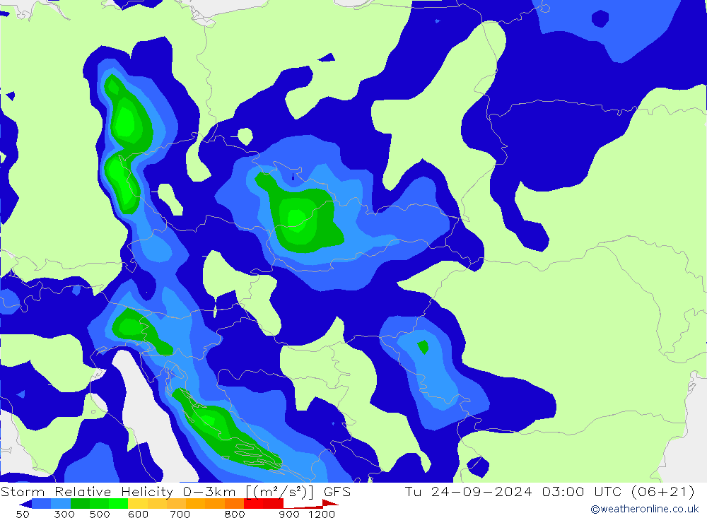 Storm Relative Helicity GFS wto. 24.09.2024 03 UTC