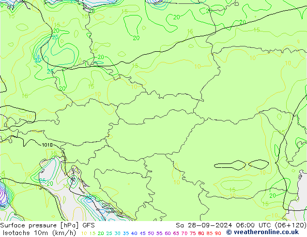 Isotachen (km/h) GFS Sa 28.09.2024 06 UTC