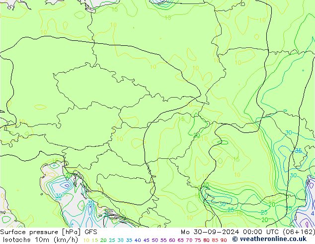 Isotaca (kph) GFS lun 30.09.2024 00 UTC