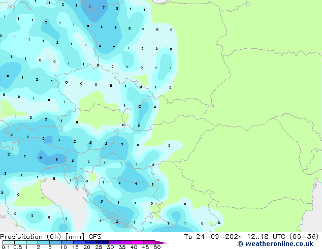 Precipitation (6h) GFS Út 24.09.2024 18 UTC