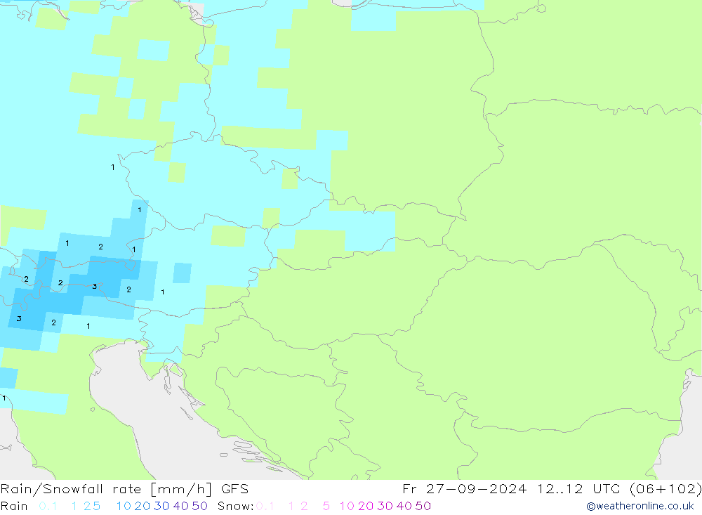 Rain/Snowfall rate GFS Fr 27.09.2024 12 UTC