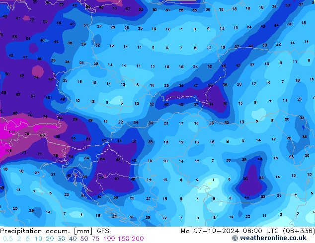 Precipitation accum. GFS lun 07.10.2024 06 UTC