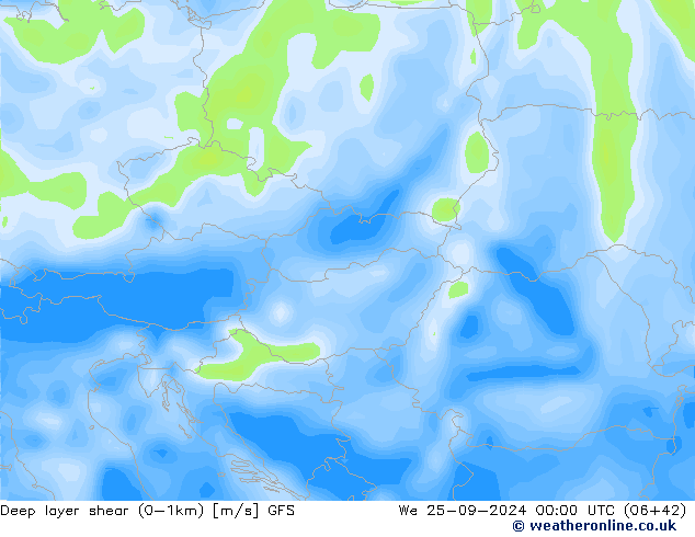 Deep layer shear (0-1km) GFS Çar 25.09.2024 00 UTC