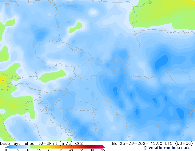 Deep layer shear (0-6km) GFS Mo 23.09.2024 12 UTC