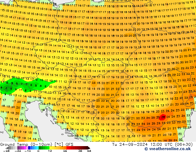 Ground Temp (0-10cm) GFS Út 24.09.2024 12 UTC