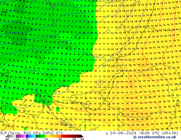 SLP/Temp. 850 hPa GFS wto. 24.09.2024 18 UTC