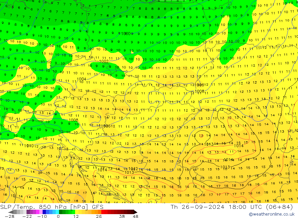 SLP/Temp. 850 hPa GFS  26.09.2024 18 UTC