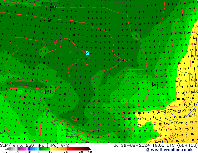 SLP/Temp. 850 hPa GFS dom 29.09.2024 18 UTC