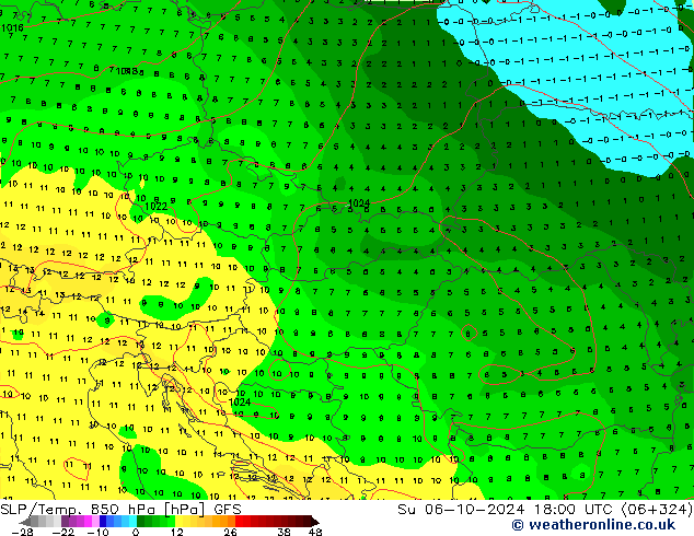 SLP/Temp. 850 hPa GFS zo 06.10.2024 18 UTC