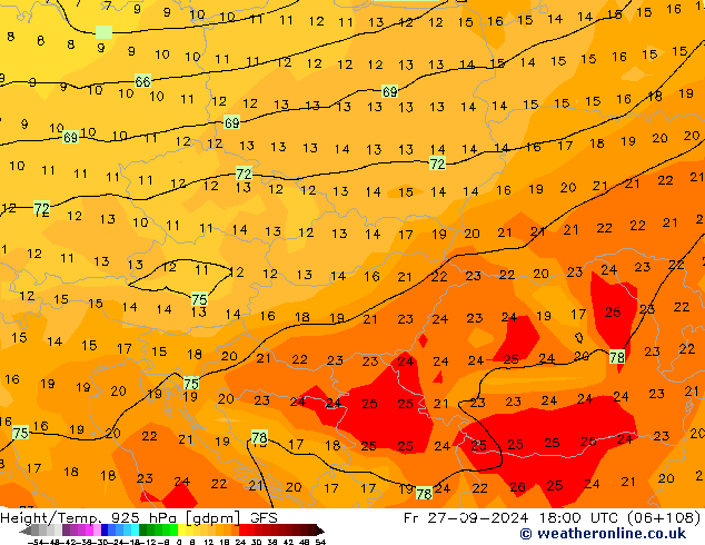 Hoogte/Temp. 925 hPa GFS vr 27.09.2024 18 UTC