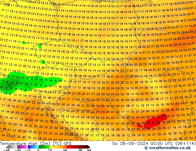 Temperature High (2m) GFS Sa 28.09.2024 00 UTC