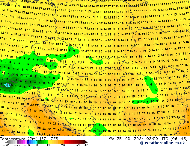 Temperatura (2m) GFS mer 25.09.2024 03 UTC