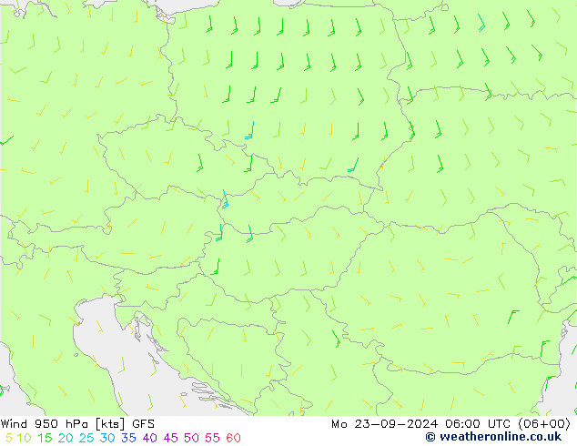 Vento 950 hPa GFS lun 23.09.2024 06 UTC