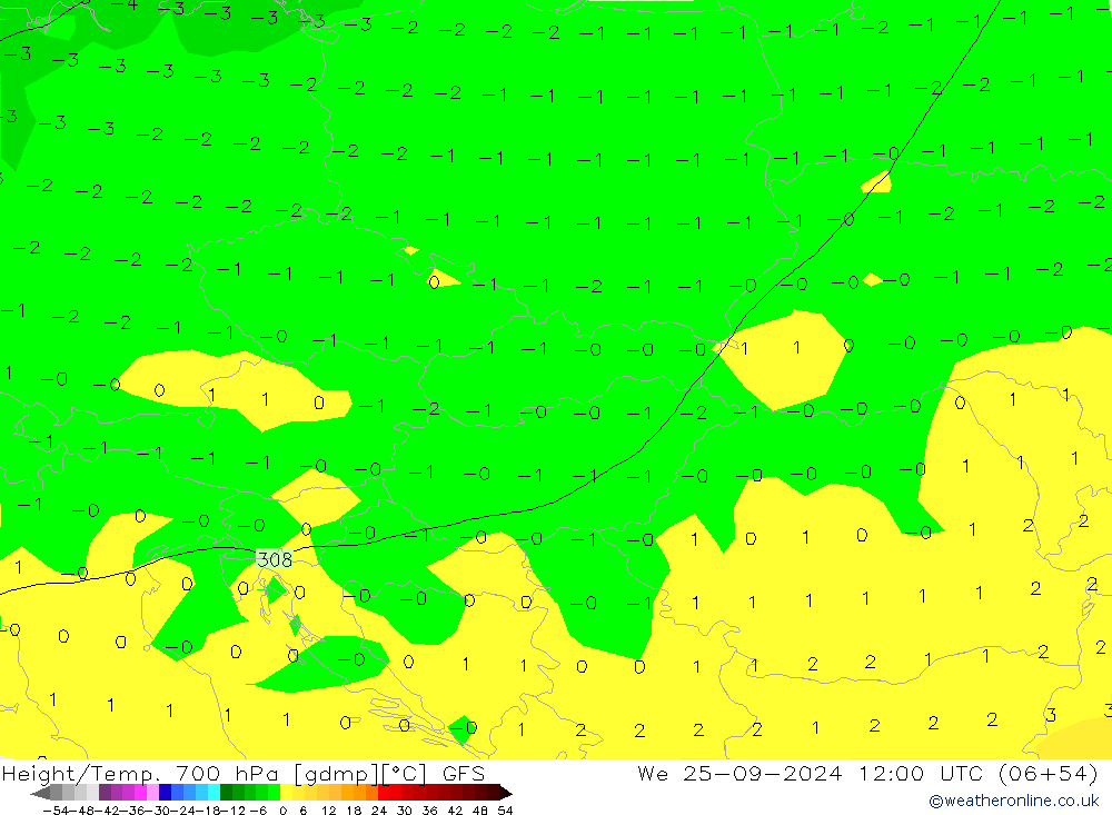 Height/Temp. 700 hPa GFS We 25.09.2024 12 UTC