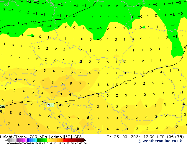 Geop./Temp. 700 hPa GFS jue 26.09.2024 12 UTC